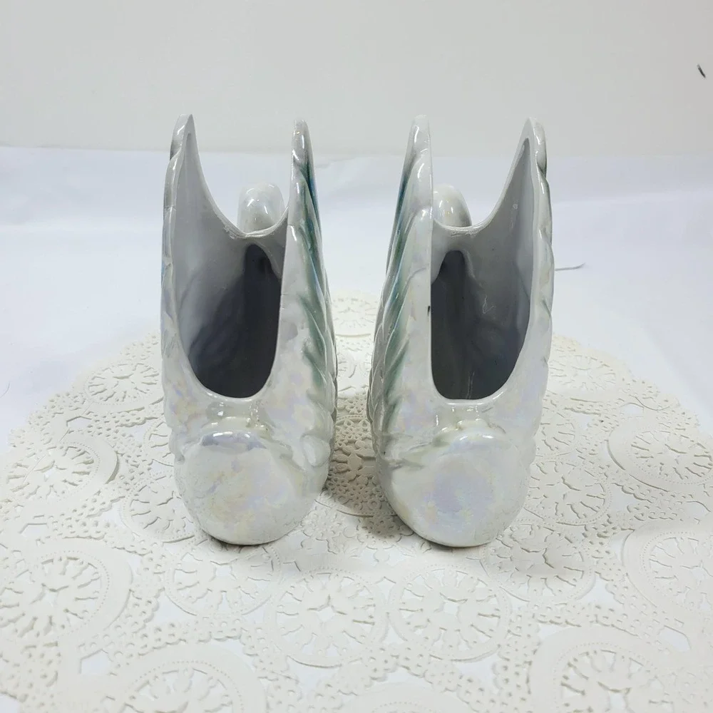 Vintage Lusterware Swan Iridescent Ceramic Figurine Pair Wedding Cake Topper